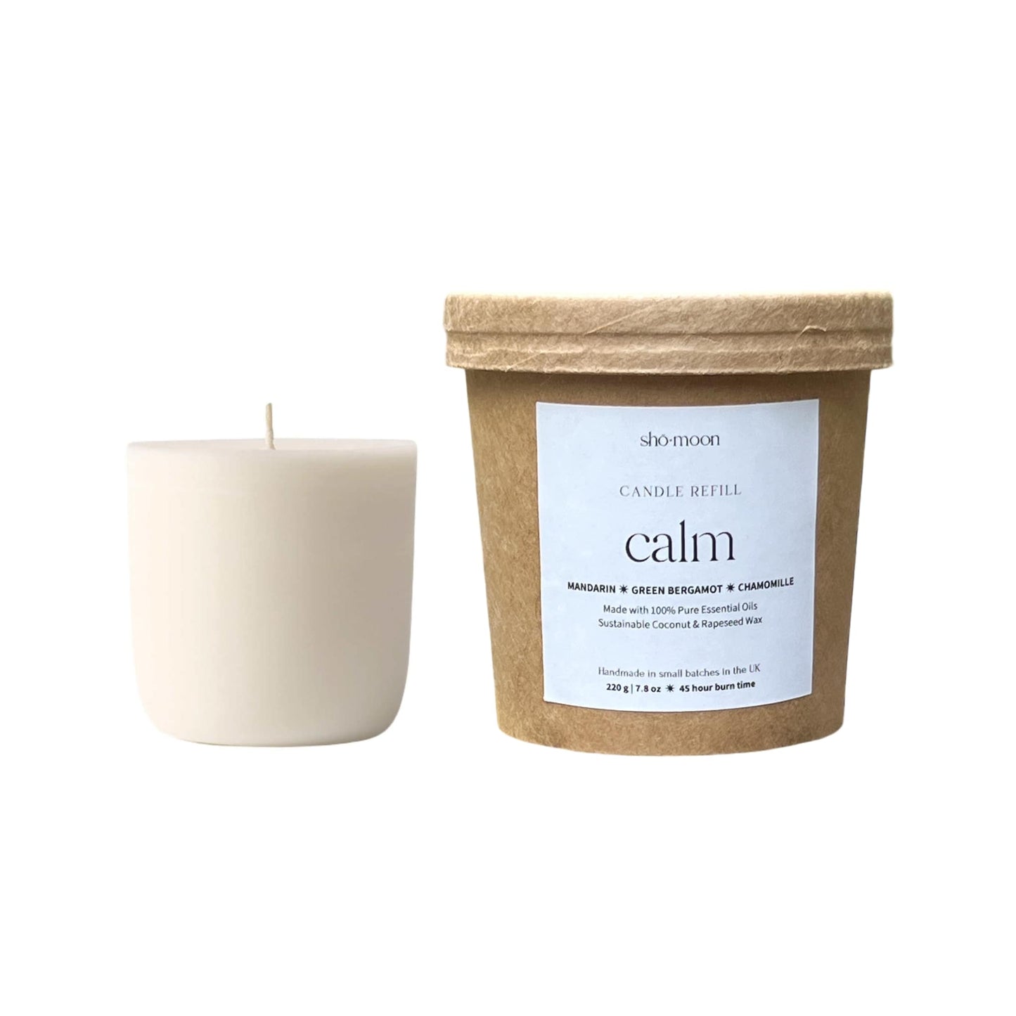Shō-moon Calm Meditation Candle Refill with pure essentials oils and clean burning and natural wax and packaging.