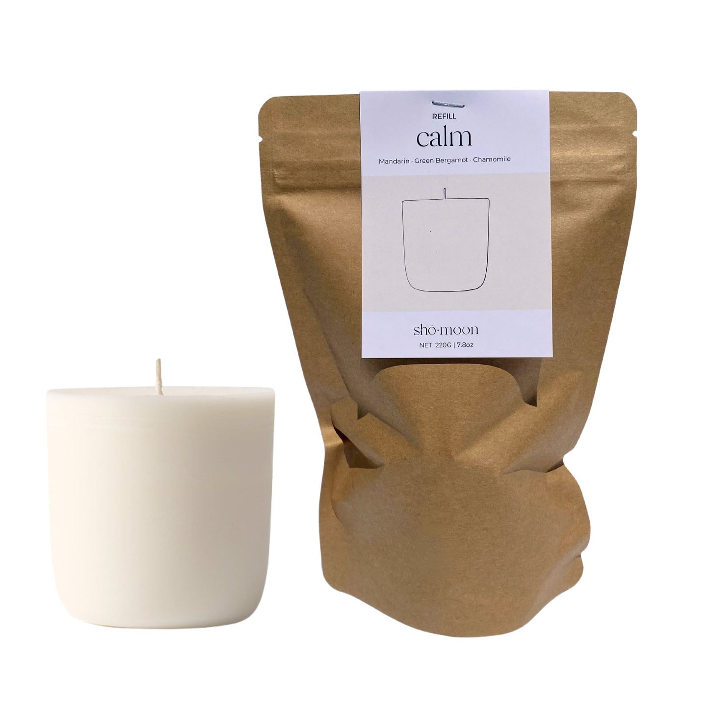 Shō-moon Calm Meditation Candle Refill with pure essentials oils and clean burning and natural wax and packaging