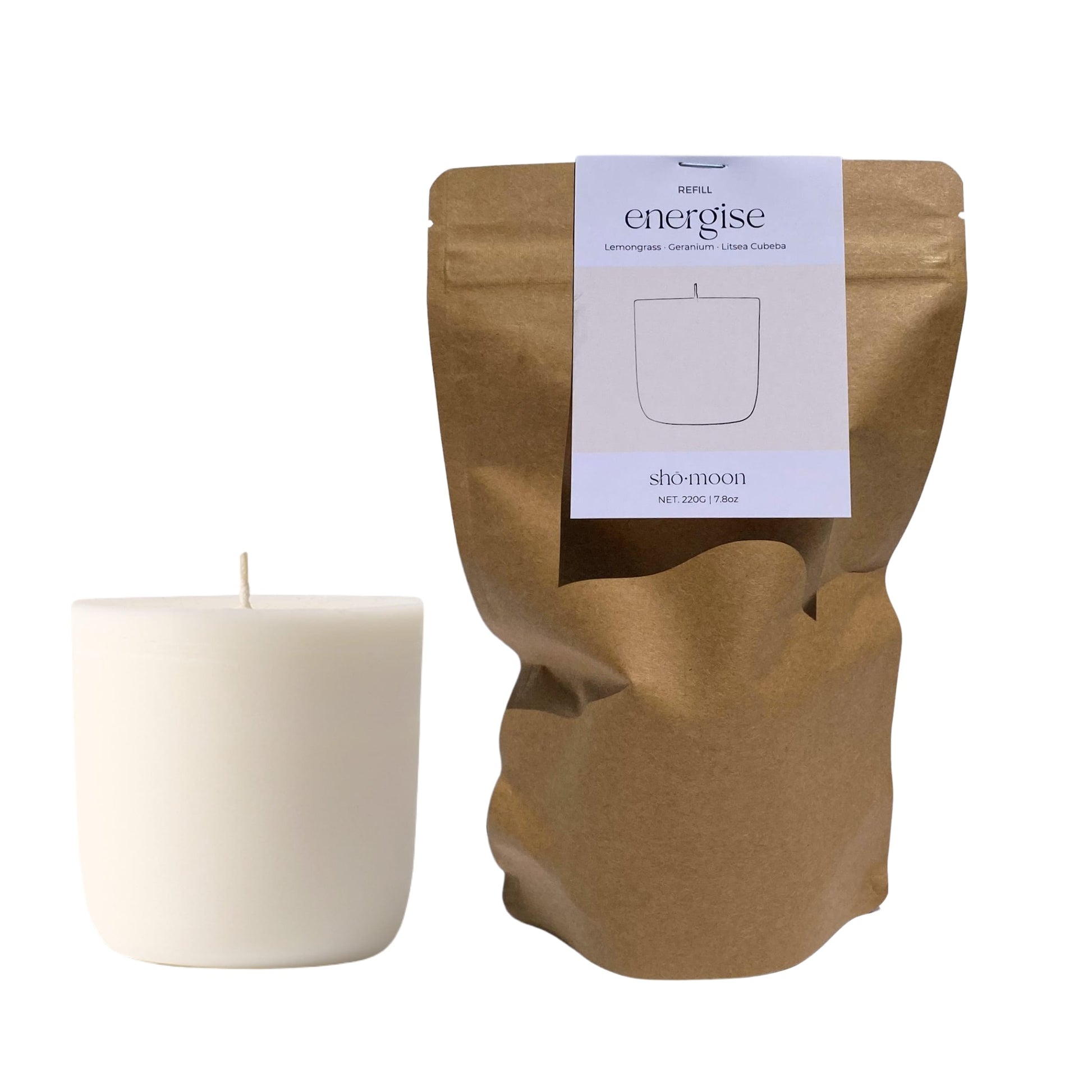 Shō-moon Energise Meditation Candle Refill with pure essentials oils and clean burning and natural wax and packaging