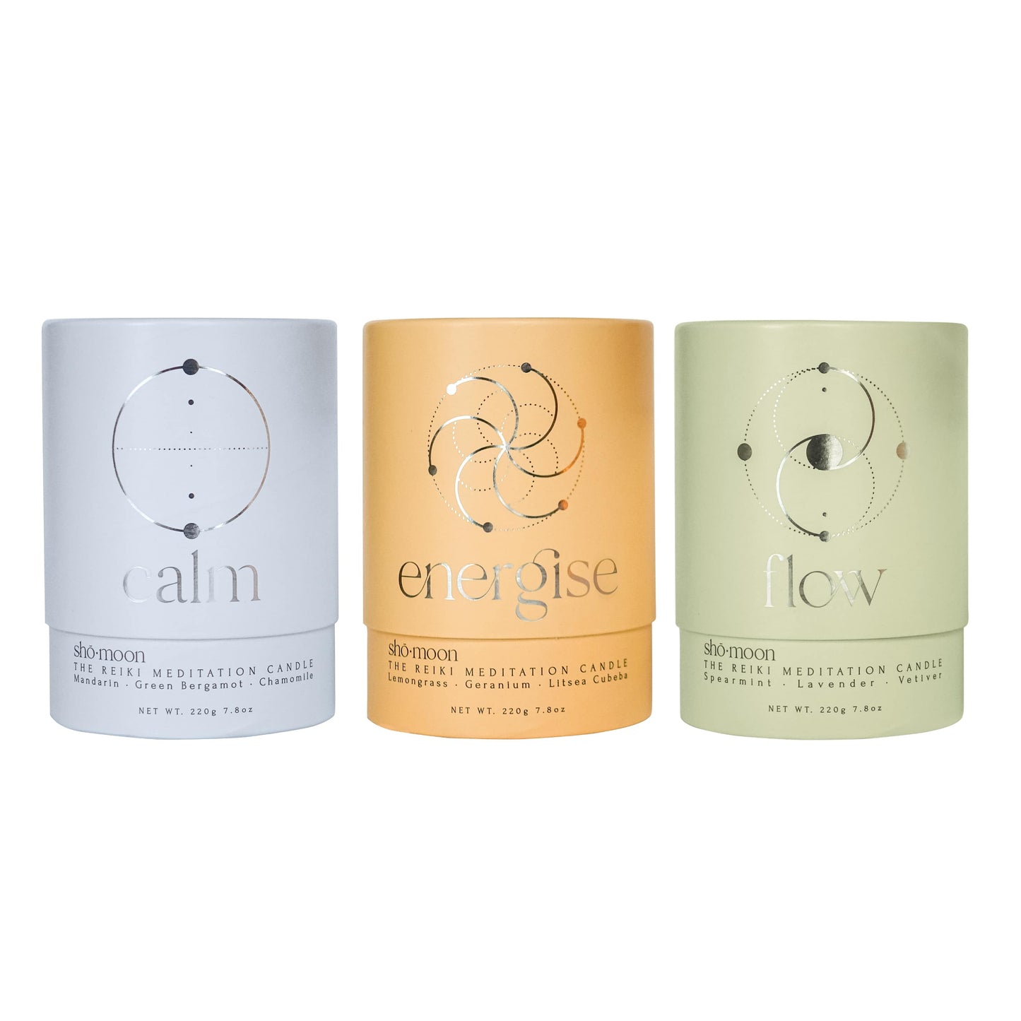 Set of three shō-moon Natural Aromatherapy Meditation Candles for subscription: Energise, Flow and Calm
