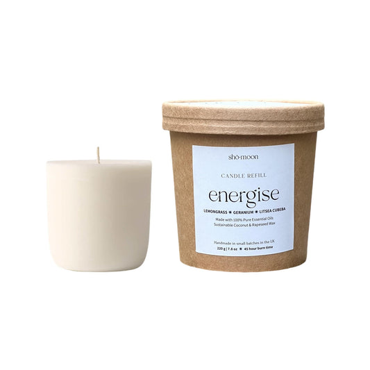 Shō-moon Energise Meditation Candle Refill with pure essentials oils and clean burning and natural wax and packaging