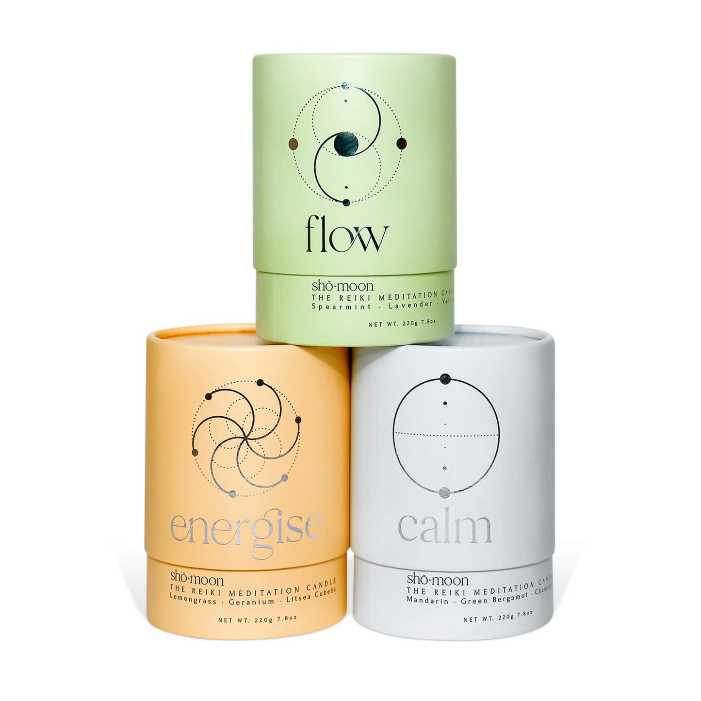 Set of three shō-moon Natural Aromatherapy Meditation Candles from the Intention Collection: Energise, Flow and Calm